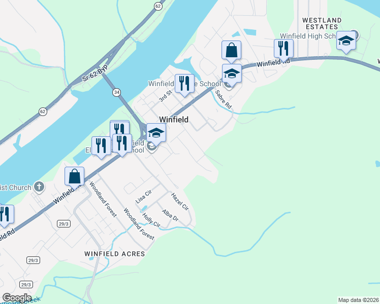 map of restaurants, bars, coffee shops, grocery stores, and more near 85 Country Ln in Winfield