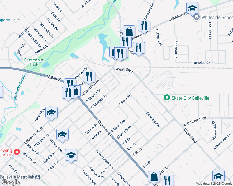 map of restaurants, bars, coffee shops, grocery stores, and more near 1831 Lasalle Street in Belleville