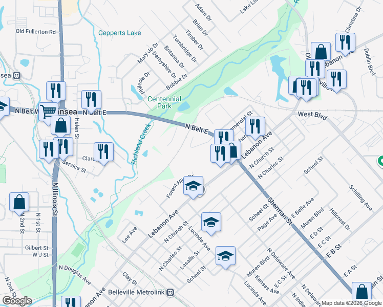 map of restaurants, bars, coffee shops, grocery stores, and more near 1 Idlewood Drive in Belleville
