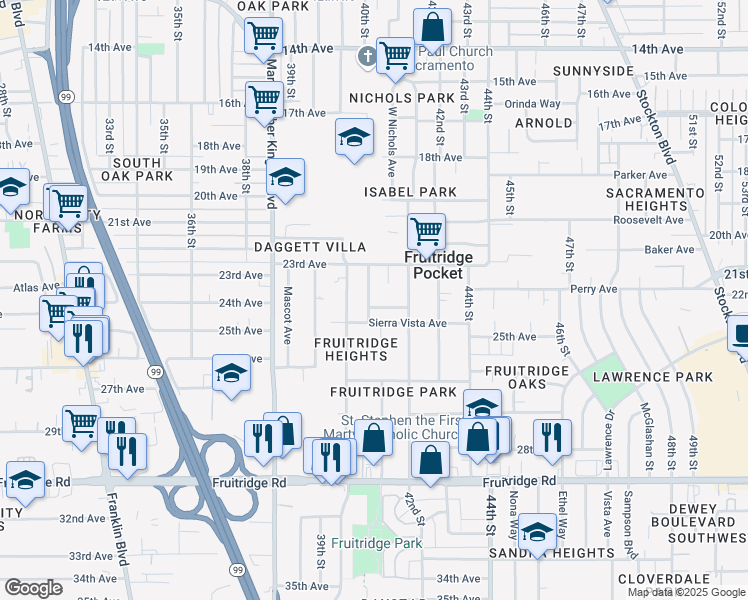 map of restaurants, bars, coffee shops, grocery stores, and more near 4911 Siskiyou Avenue in Sacramento