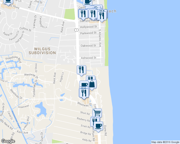map of restaurants, bars, coffee shops, grocery stores, and more near 39801 Sourwood Drive in Bethany Beach
