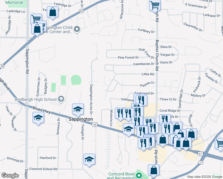 map of restaurants, bars, coffee shops, grocery stores, and more near 11133 Valdamere Drive in Sappington