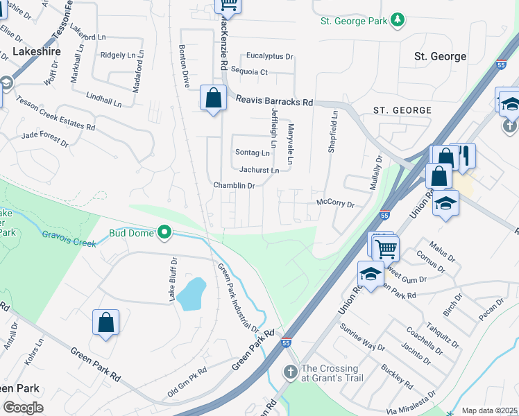 map of restaurants, bars, coffee shops, grocery stores, and more near 10256 Jeffleigh Lane in Affton