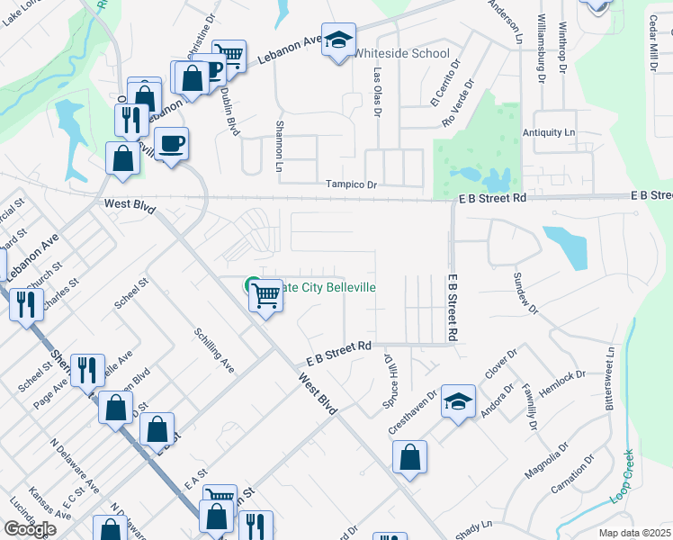 map of restaurants, bars, coffee shops, grocery stores, and more near 40 Eastland Drive in Belleville