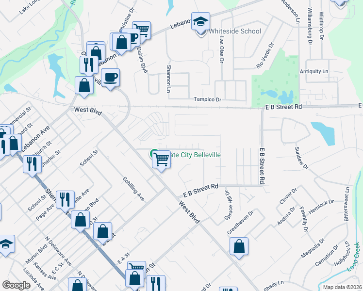 map of restaurants, bars, coffee shops, grocery stores, and more near 2527 Eastview Drive in Belleville