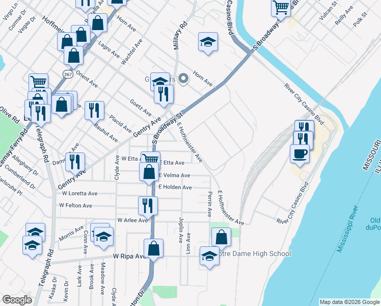 map of restaurants, bars, coffee shops, grocery stores, and more near 148 East Cartwright Avenue in St. Louis