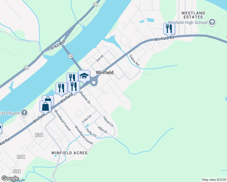 map of restaurants, bars, coffee shops, grocery stores, and more near Mayberry Drive in Winfield