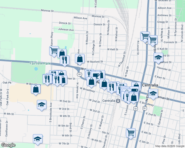 map of restaurants, bars, coffee shops, grocery stores, and more near 201-211 North Cherry Street in Centralia
