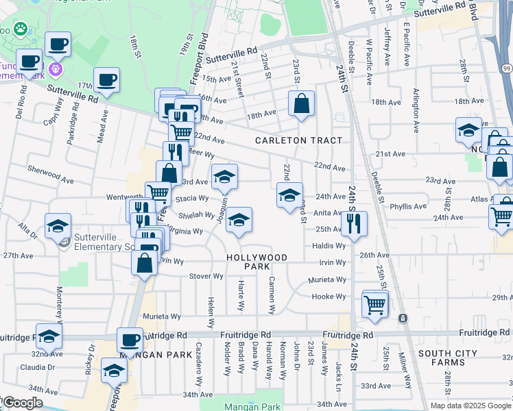 map of restaurants, bars, coffee shops, grocery stores, and more near 4701 Joaquin Way in Sacramento