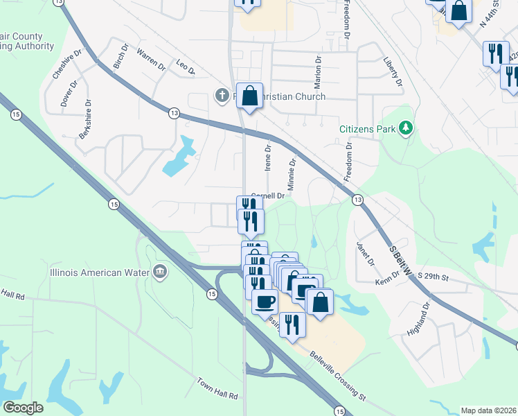 map of restaurants, bars, coffee shops, grocery stores, and more near 3412 Frank Scott Parkway West in Belleville