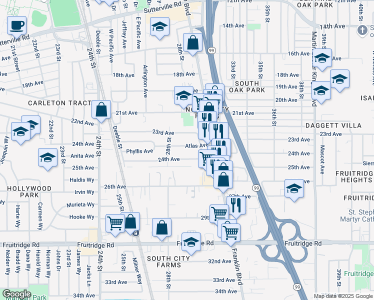 map of restaurants, bars, coffee shops, grocery stores, and more near 2890 24th Avenue in Sacramento