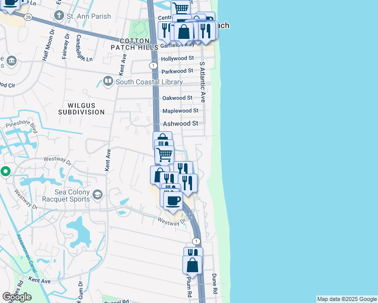 map of restaurants, bars, coffee shops, grocery stores, and more near 39801 Sourwood Drive in Bethany Beach
