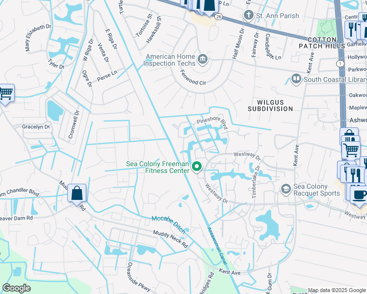map of restaurants, bars, coffee shops, grocery stores, and more near 56141 Pine Cone Lane in Bethany Beach