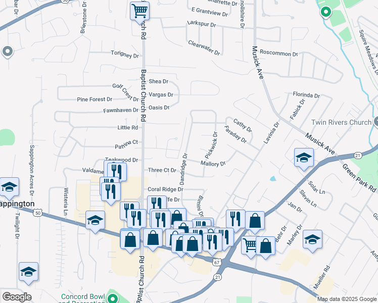 map of restaurants, bars, coffee shops, grocery stores, and more near 10248 Dandridge Drive in St. Louis