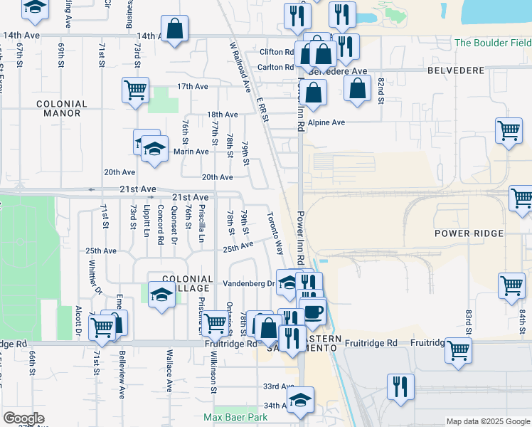 map of restaurants, bars, coffee shops, grocery stores, and more near 4945 79th Street in Sacramento