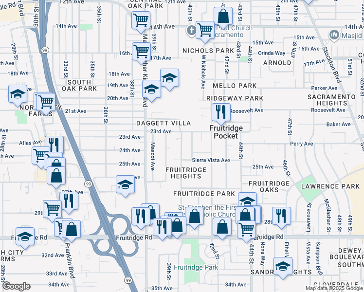map of restaurants, bars, coffee shops, grocery stores, and more near 4971 Mendocino Boulevard in Sacramento