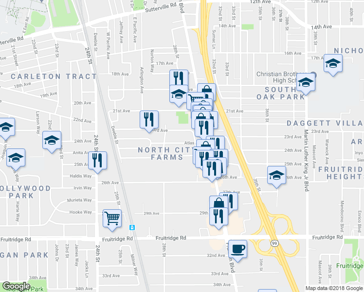 map of restaurants, bars, coffee shops, grocery stores, and more near 2890 24th Avenue in Sacramento