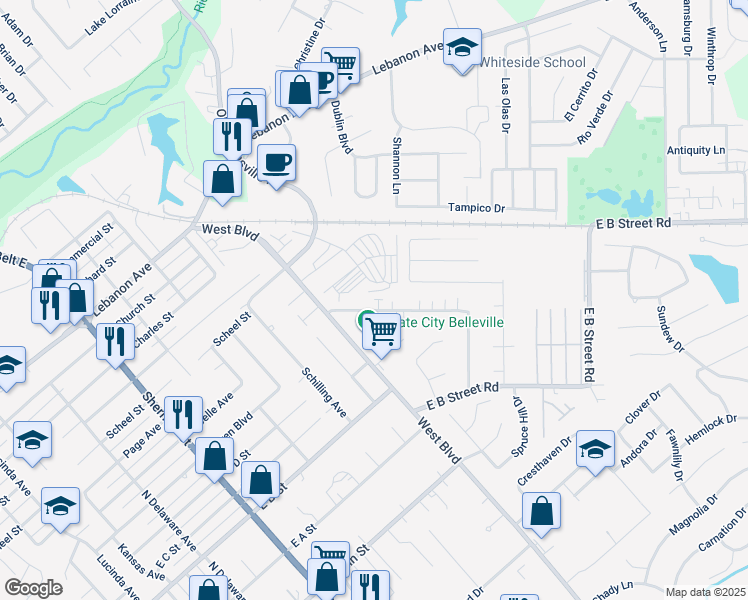 map of restaurants, bars, coffee shops, grocery stores, and more near 2511 Eastview Drive in Belleville