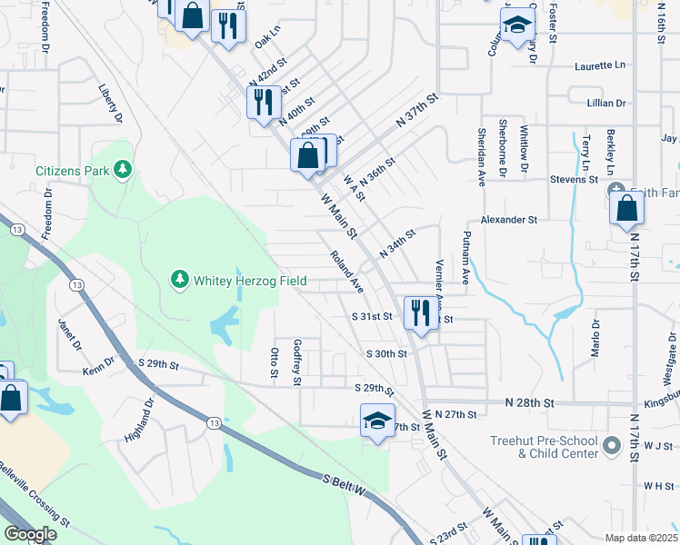 map of restaurants, bars, coffee shops, grocery stores, and more near 212 South 32nd Street in Belleville