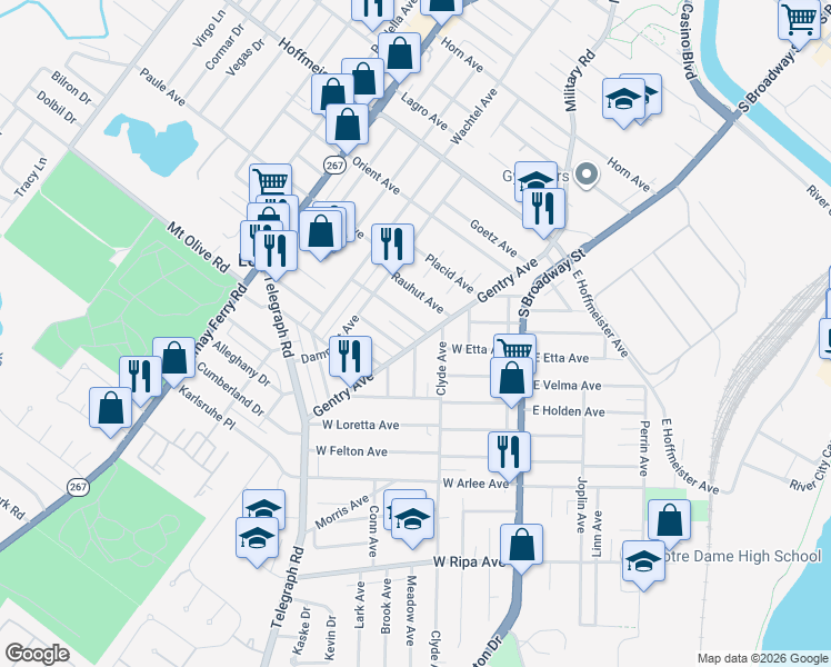 map of restaurants, bars, coffee shops, grocery stores, and more near 9712 Gentry Avenue in St. Louis