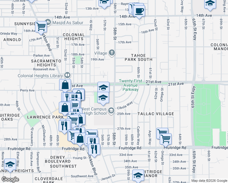 map of restaurants, bars, coffee shops, grocery stores, and more near 7601 22nd Avenue in Sacramento