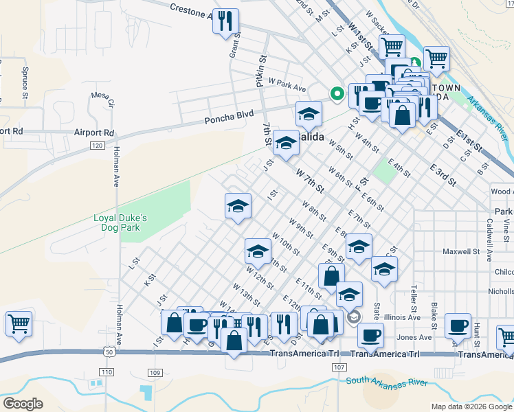 map of restaurants, bars, coffee shops, grocery stores, and more near 849 J Street in Salida