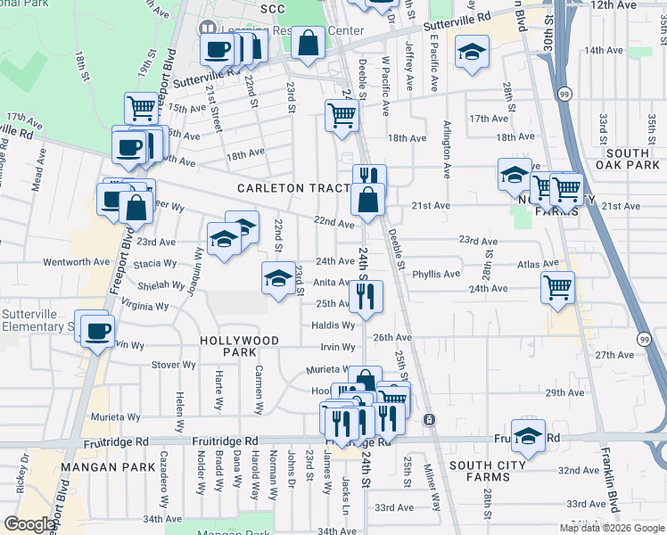 map of restaurants, bars, coffee shops, grocery stores, and more near 4710 Attawa Avenue in Sacramento