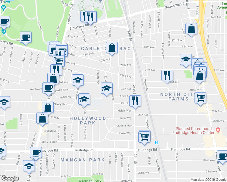 map of restaurants, bars, coffee shops, grocery stores, and more near 4706 23rd Street in Sacramento