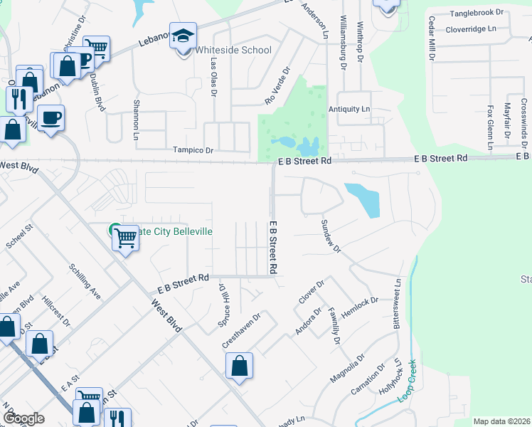 map of restaurants, bars, coffee shops, grocery stores, and more near 2775 East B Street Road in Belleville