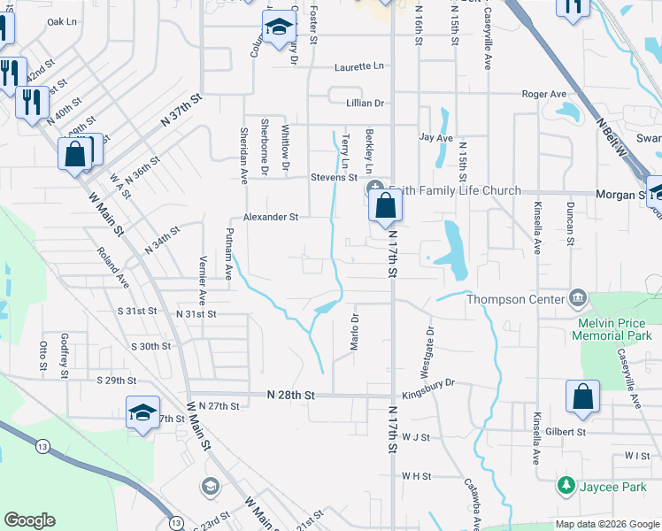 map of restaurants, bars, coffee shops, grocery stores, and more near 101 Westwood Drive in Belleville