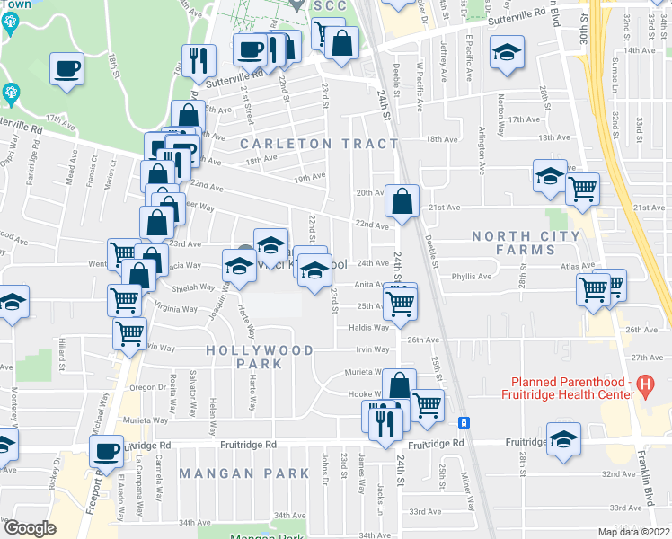 map of restaurants, bars, coffee shops, grocery stores, and more near 4803 23rd Street in Sacramento
