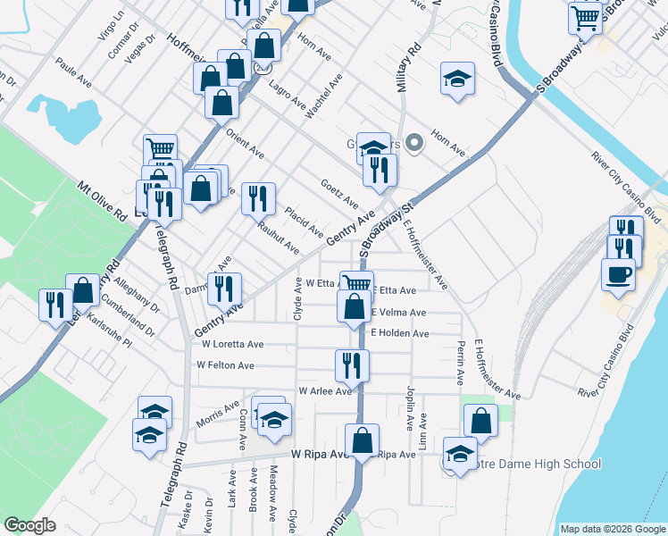 map of restaurants, bars, coffee shops, grocery stores, and more near 9504 Gentry Avenue in St. Louis