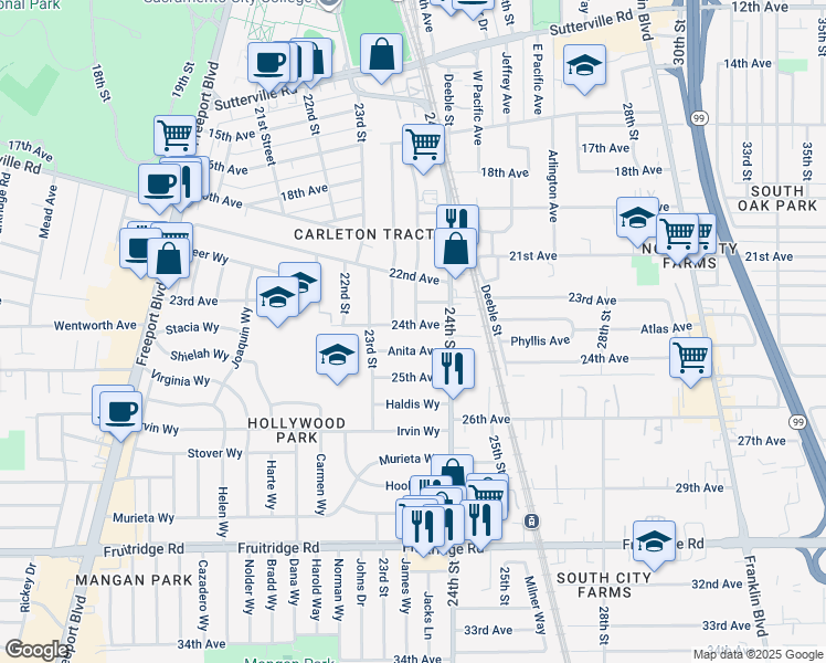 map of restaurants, bars, coffee shops, grocery stores, and more near 2328 24th Avenue in Sacramento