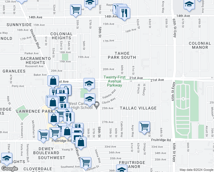 map of restaurants, bars, coffee shops, grocery stores, and more near 5200 Miner Way in Sacramento