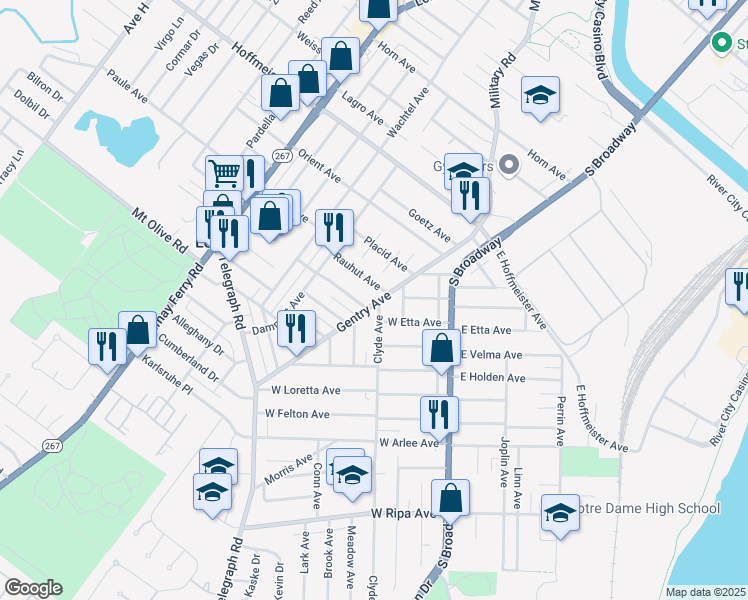 map of restaurants, bars, coffee shops, grocery stores, and more near 9551 Gentry Avenue in St. Louis