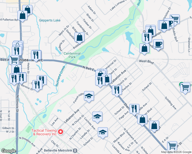map of restaurants, bars, coffee shops, grocery stores, and more near 415 North Belt East in Belleville