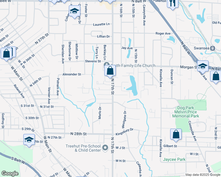 map of restaurants, bars, coffee shops, grocery stores, and more near 1300 North 17th Street in Belleville