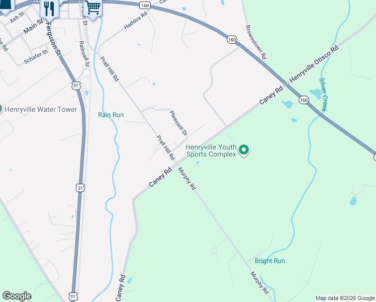 map of restaurants, bars, coffee shops, grocery stores, and more near 3608 Our Street in Henryville