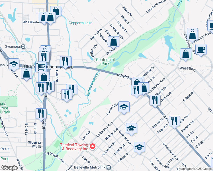 map of restaurants, bars, coffee shops, grocery stores, and more near 1681 Shadow Ridge Court in Belleville
