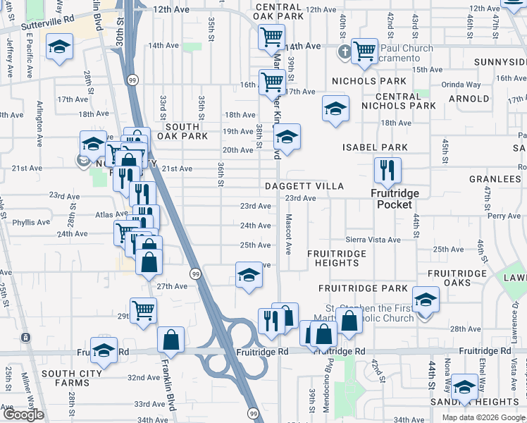 map of restaurants, bars, coffee shops, grocery stores, and more near 3813 23rd Avenue in Sacramento