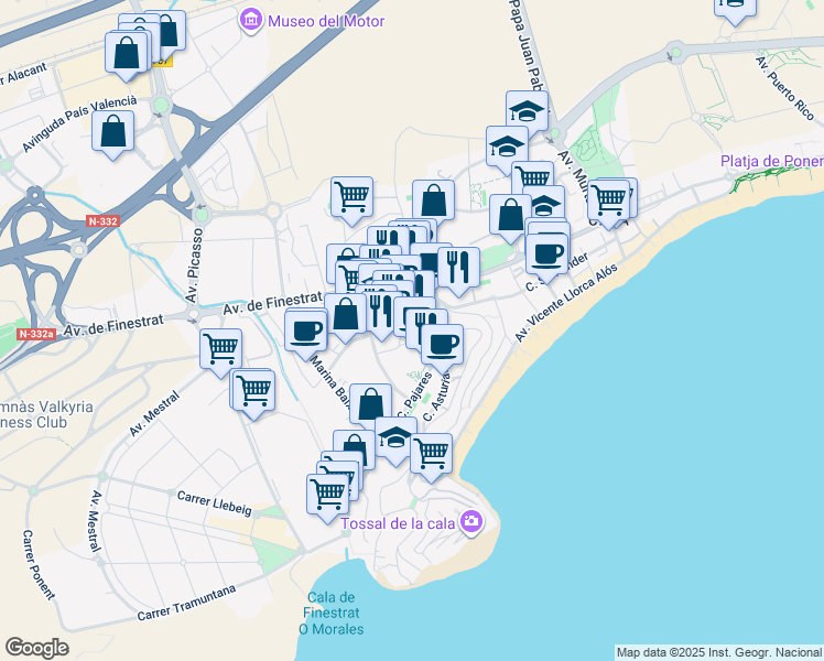 map of restaurants, bars, coffee shops, grocery stores, and more near 4 Calle del Actor Luis Prendes in Benidorm