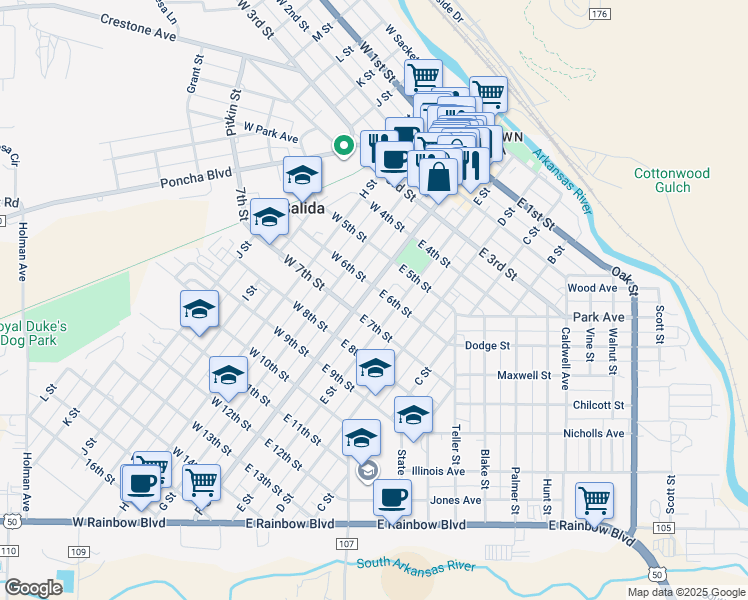 map of restaurants, bars, coffee shops, grocery stores, and more near 602 F Street in Salida