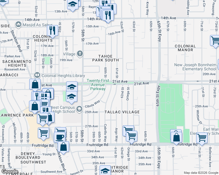map of restaurants, bars, coffee shops, grocery stores, and more near 4800 61st Street in Sacramento