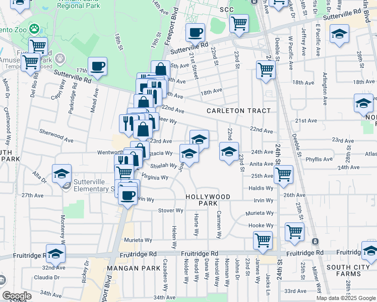 map of restaurants, bars, coffee shops, grocery stores, and more near 4671 Joaquin Way in Sacramento