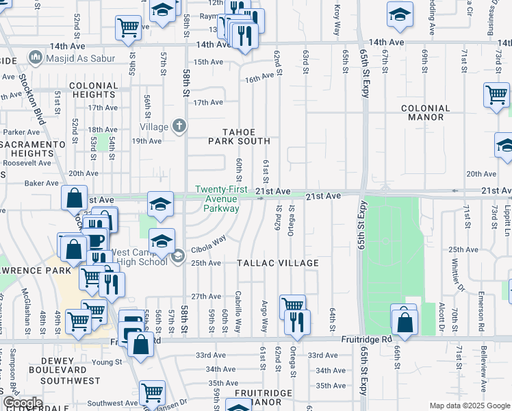 map of restaurants, bars, coffee shops, grocery stores, and more near 4800 61st Street in Sacramento