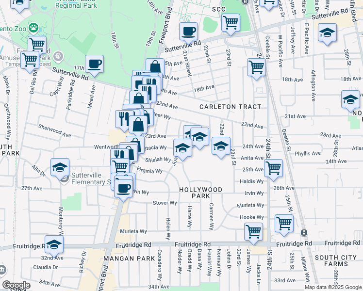 map of restaurants, bars, coffee shops, grocery stores, and more near 4701 Joaquin Way in Sacramento