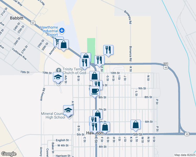 map of restaurants, bars, coffee shops, grocery stores, and more near 950 E Street in Hawthorne
