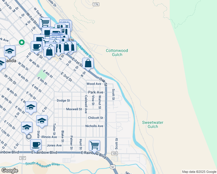 map of restaurants, bars, coffee shops, grocery stores, and more near 123 Oak Street in Salida