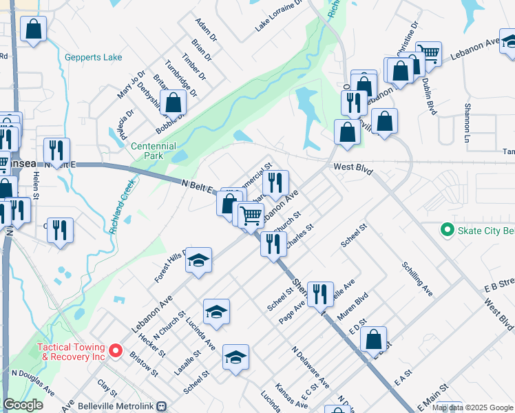 map of restaurants, bars, coffee shops, grocery stores, and more near 1333 Orchard Street in Belleville