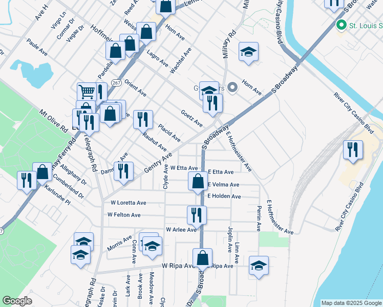 map of restaurants, bars, coffee shops, grocery stores, and more near 9443 South Broadway in St. Louis